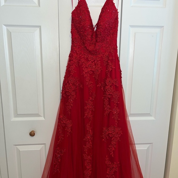 La Femme Red Lace Prom Dress - Picture 1 of 3